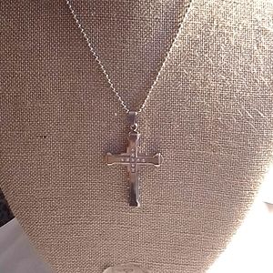 Silver Tone Cross With RHINESTONES ON Silver Tone Chain Raised Design